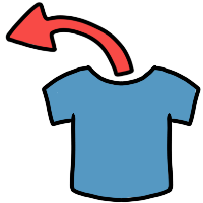 a red curved arrow pointing from a blue tshirt